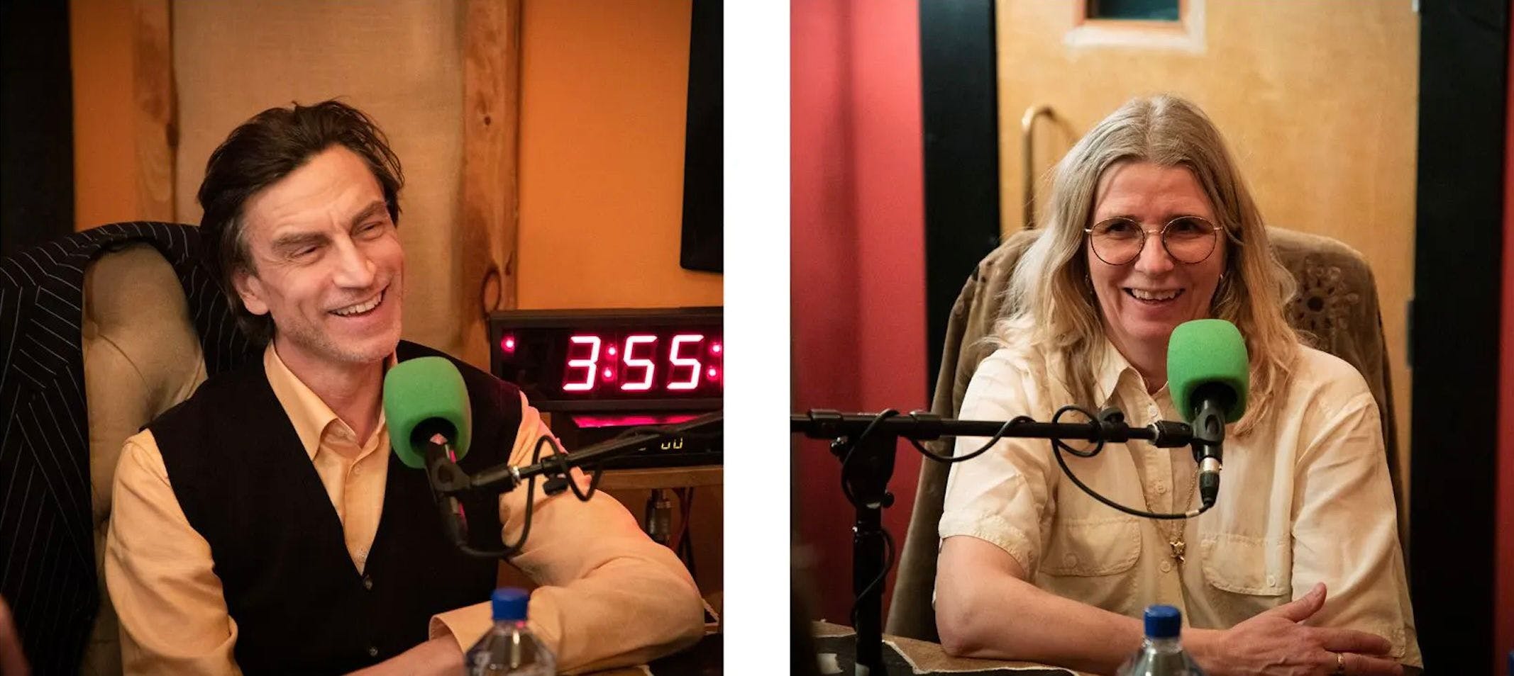 Photographs of artists Jockum Nordström and Mamma Andersson speaking into microphones for a podcast titled Dialogues, on Season 3, Episode 2, in 2020.